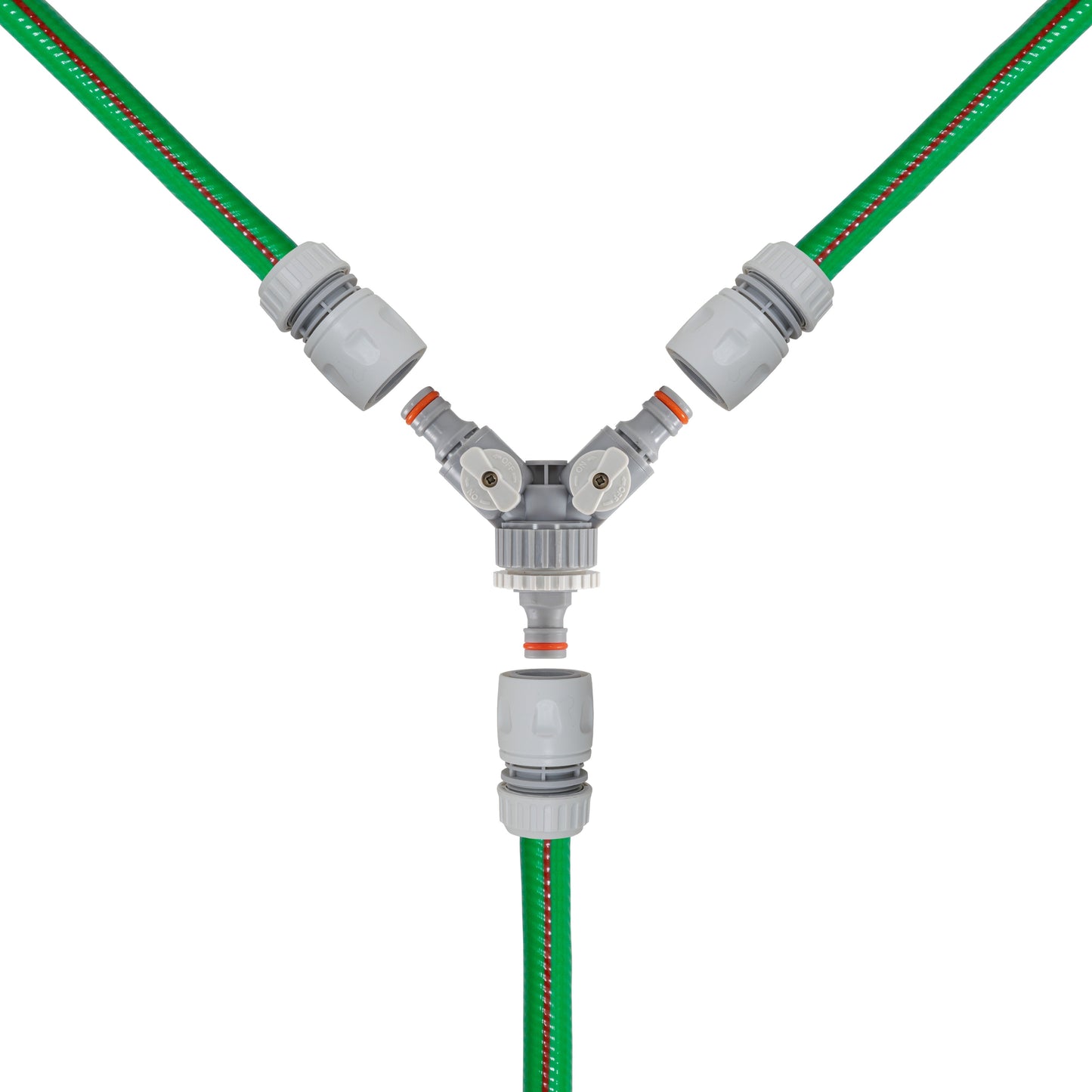 Close-up of 3-way valved mixer with green hoses and central outlet