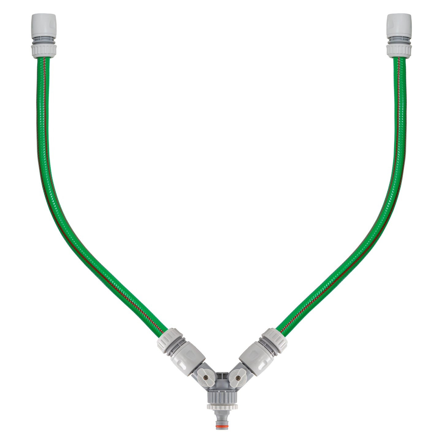 3-way valved mixer with two green hoses and threaded hose couplings