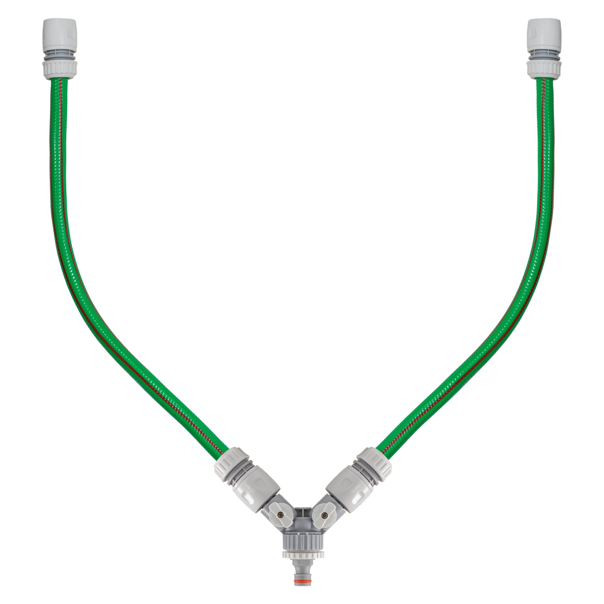 3-way valved mixer with two green hoses and threaded hose couplings