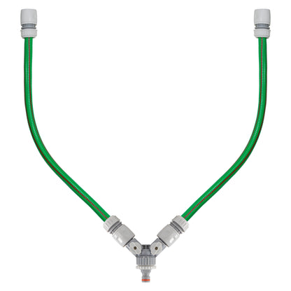 3-way valved mixer with two green hoses and threaded hose couplings