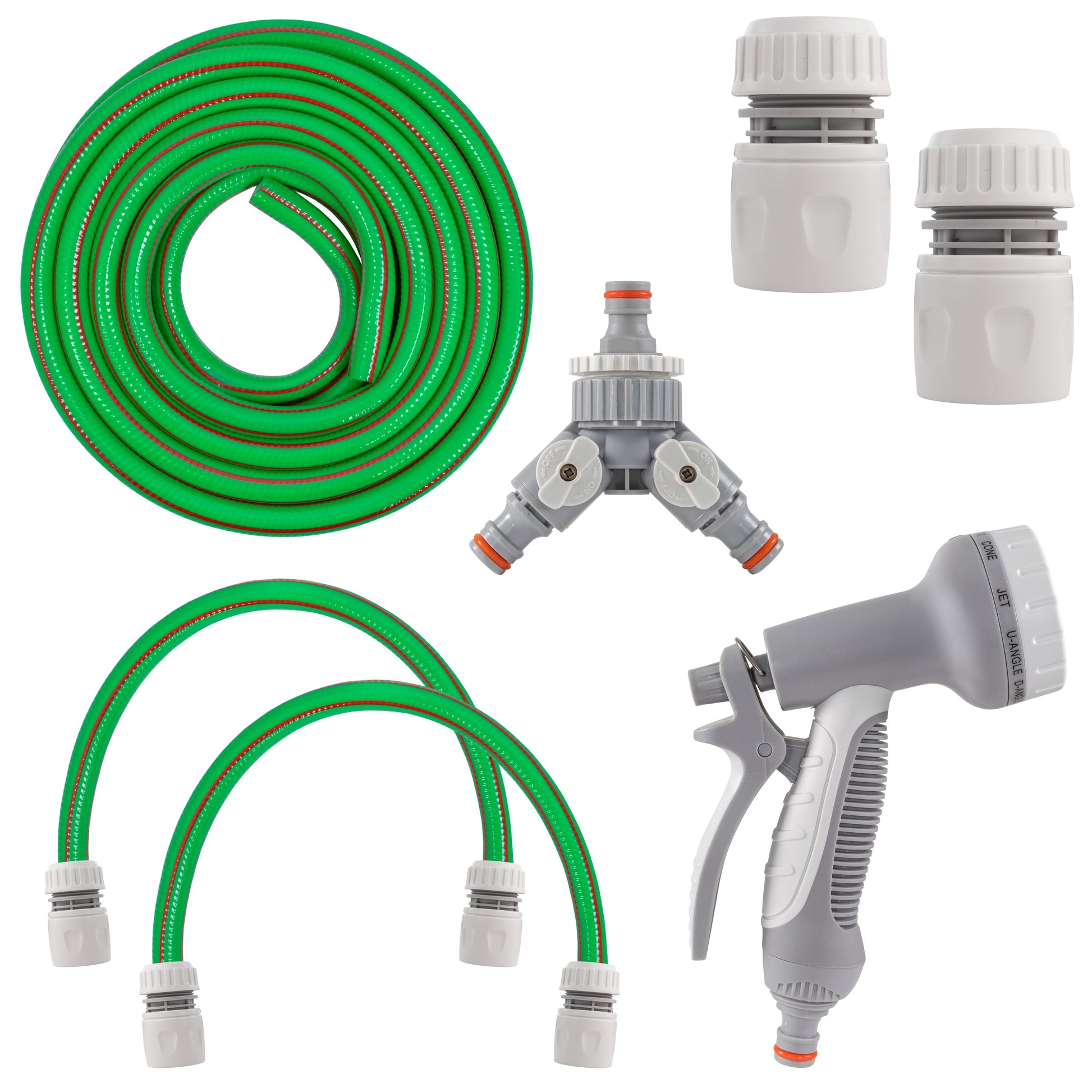Dog shower hot/cold mixer kit with green hose coils, connectors, and spray gun