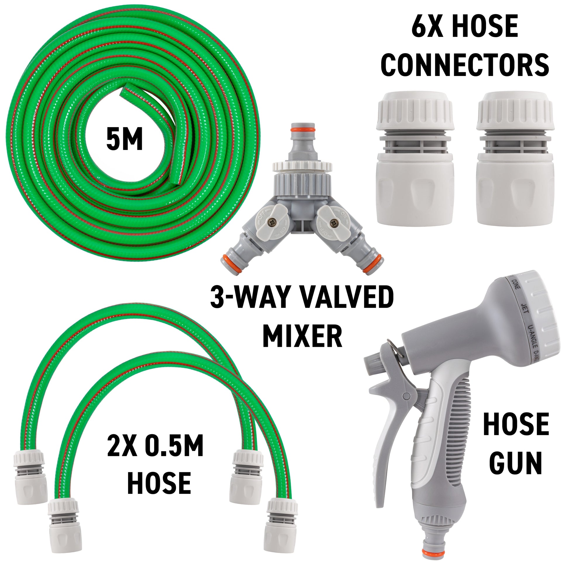 Green hose set for dog shower: 3-way valved mixer, hose gun, connectors, 5m/2x0.5m