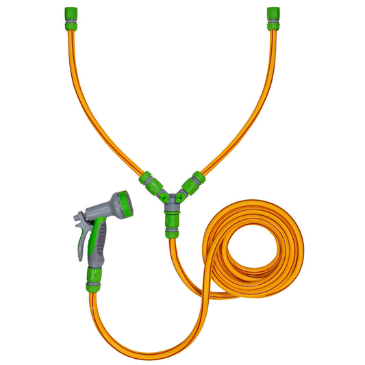 Dog shower hose mixer with hot/cold Y-connector, yellow hoses, lime control valves