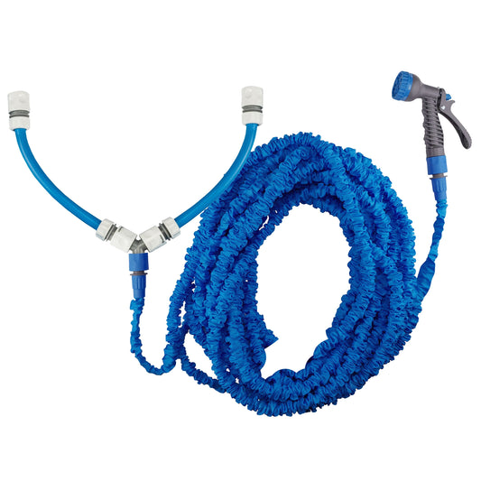 Blue expanding dog shower hose, hot/cold mix, 5–15 m, dual water connectors