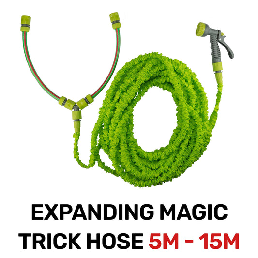 Expanding dog shower hose 5–15 m, hot/cold mixer, bright green flexible tubing