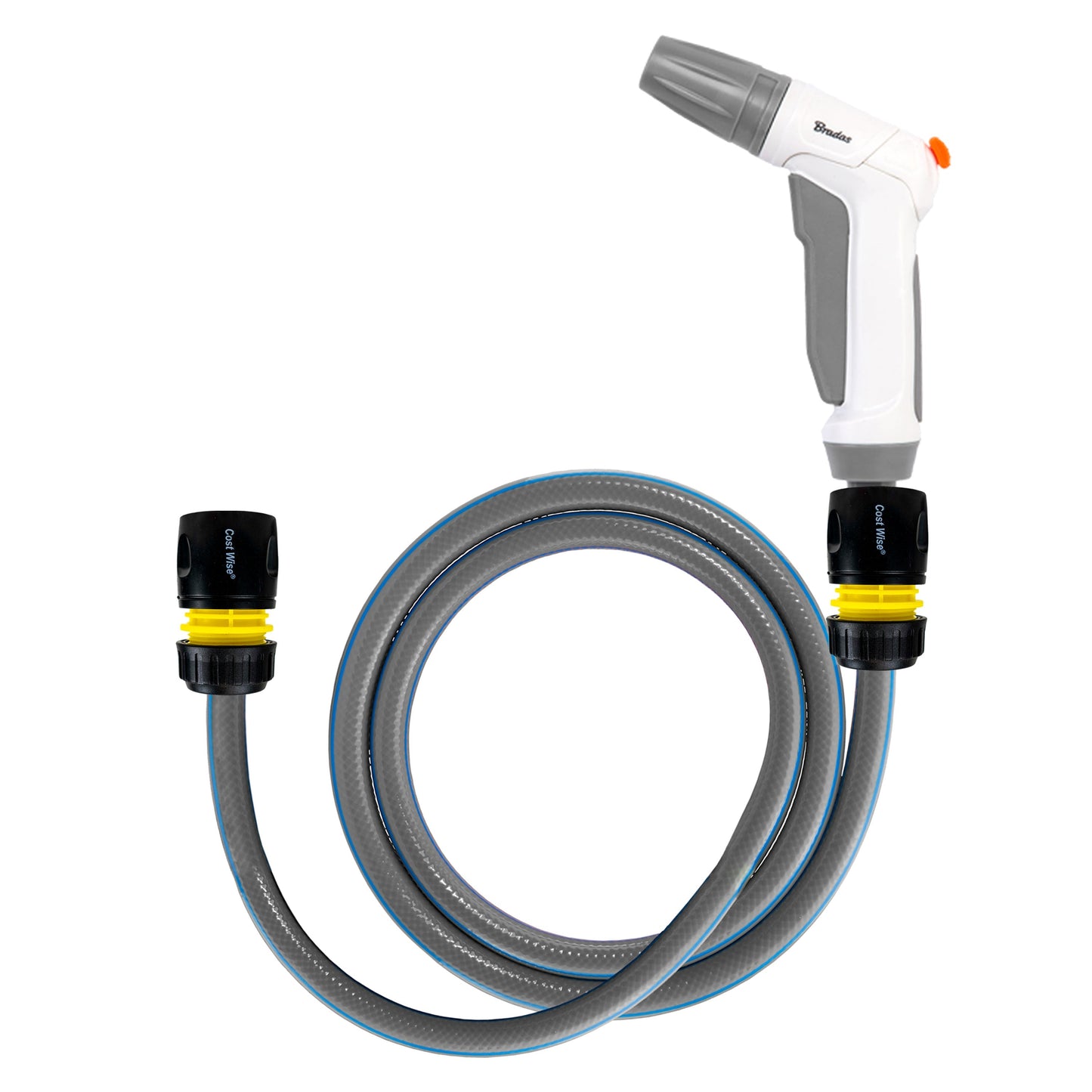 Dog shower kit: cold water shower gun with grey hose and yellow/black connectors