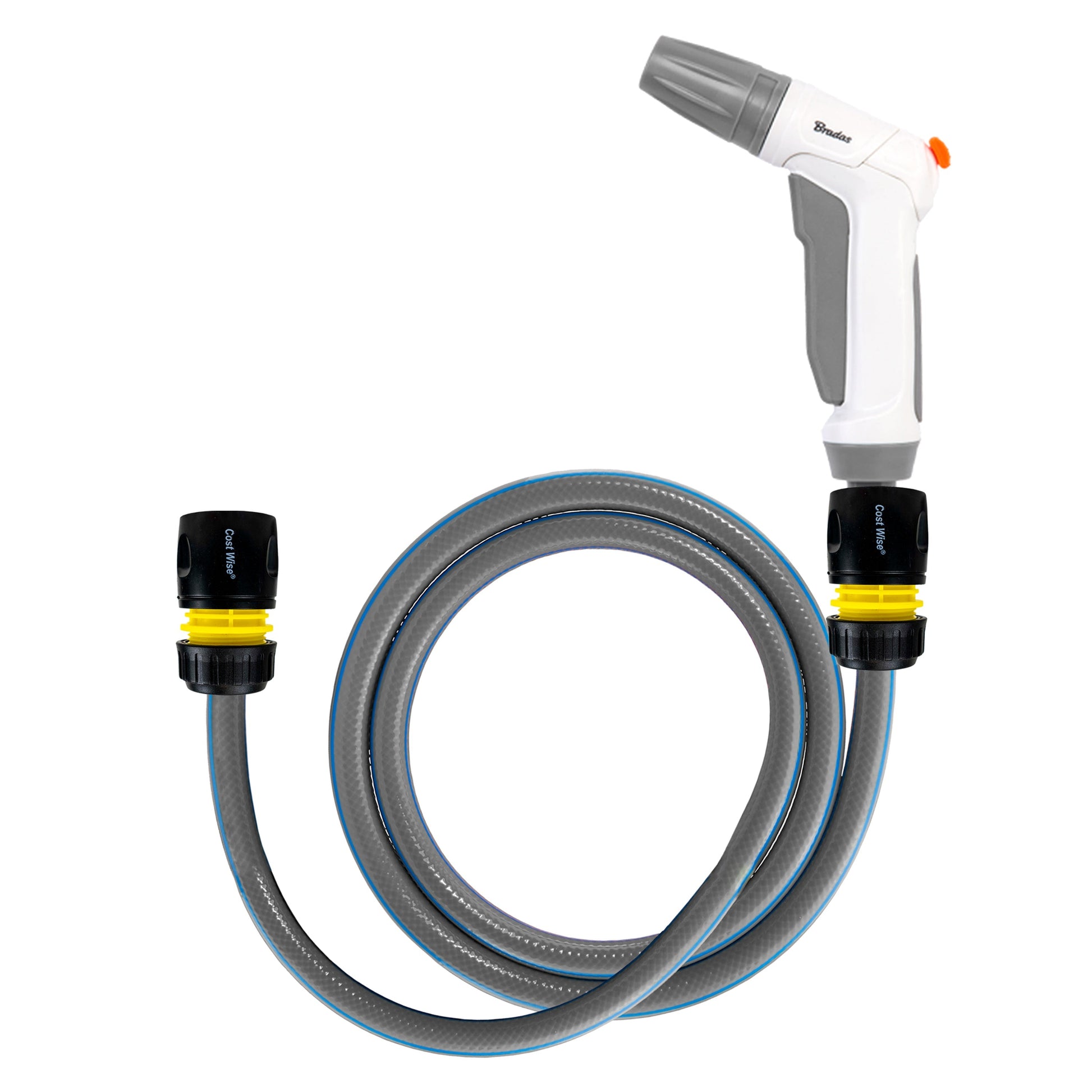 Dog shower kit: cold water shower gun with grey hose and yellow/black connectors