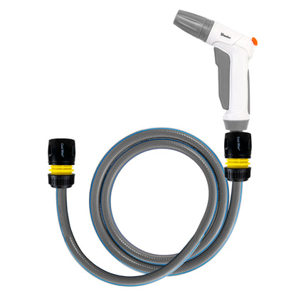 Dog shower kit: cold water shower gun with grey hose and yellow/black connectors