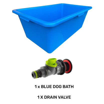 Blue dog bath with drain valve: blue trough with lime drain connector pictured