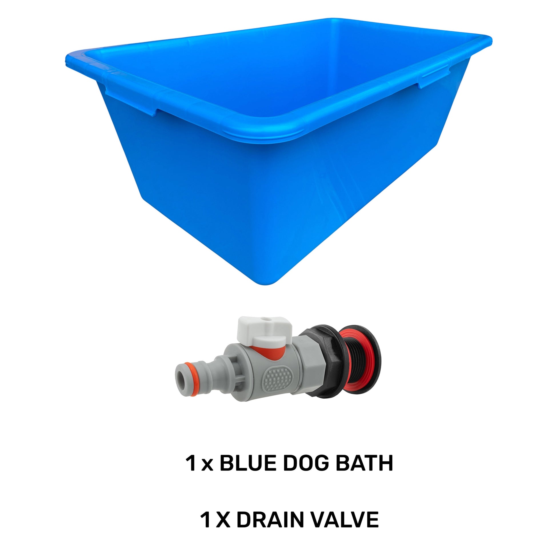 Blue dog bath with integrated drain valve fitting at the front side, blue plastic tub