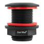 Black BSP drain plug with male outlet, red sealing ring and textured head