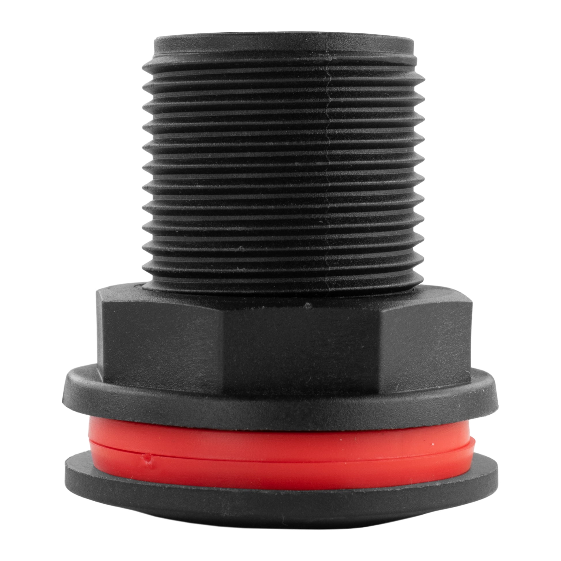 BSP drain plug viewed from front, black threads with red sealing ring