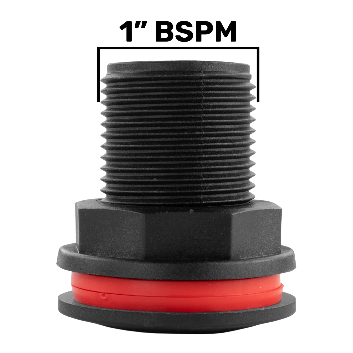 1" BSPM drain plug with male outlet and black/red sealing components