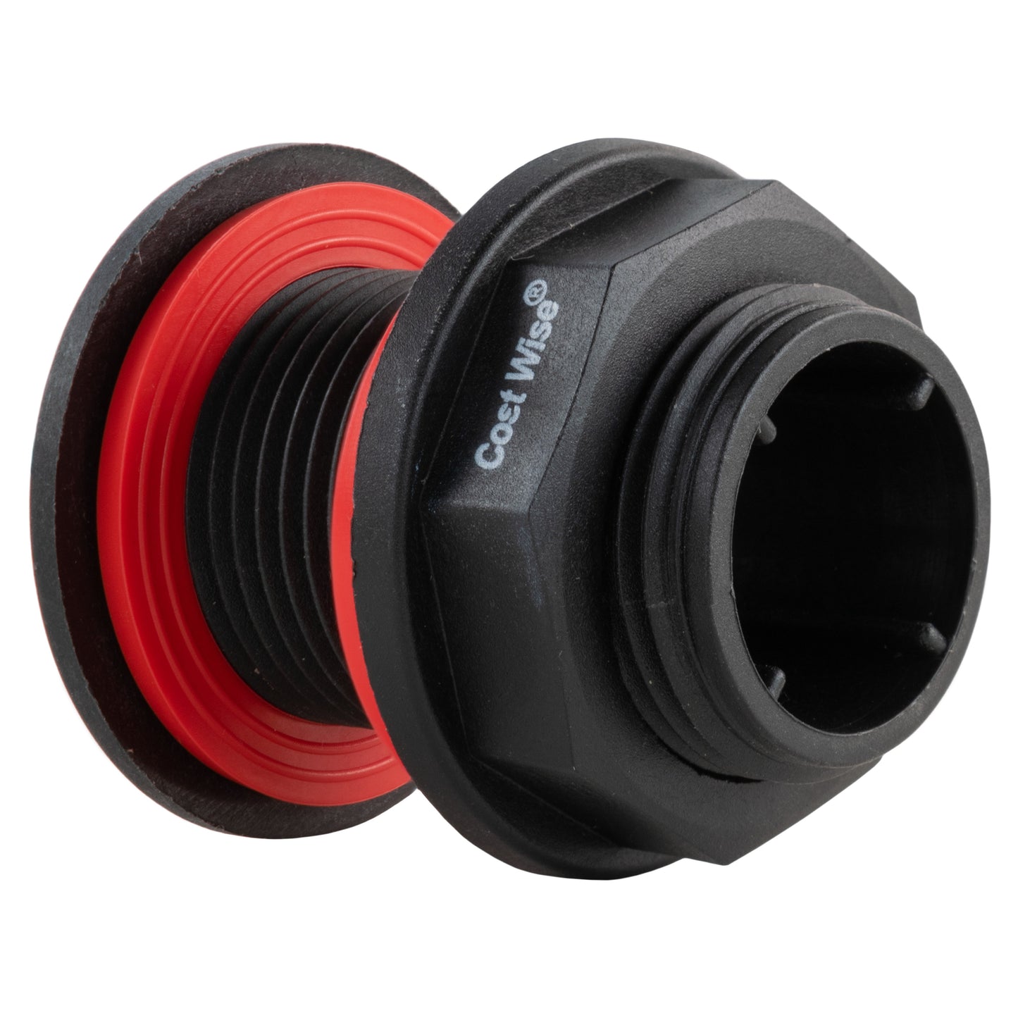 Cost Wise drain plug valve with red threaded ring and black outlet opening