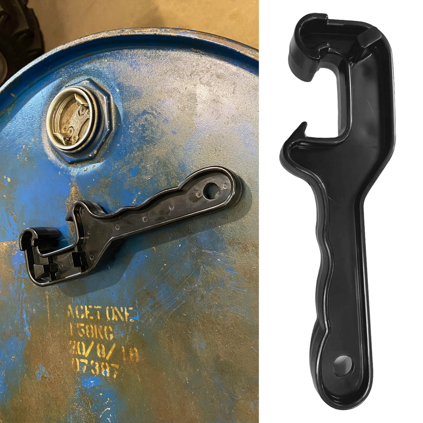 Universal drum wrench fitted to oil drum bung opening, black tool and latch mechanism