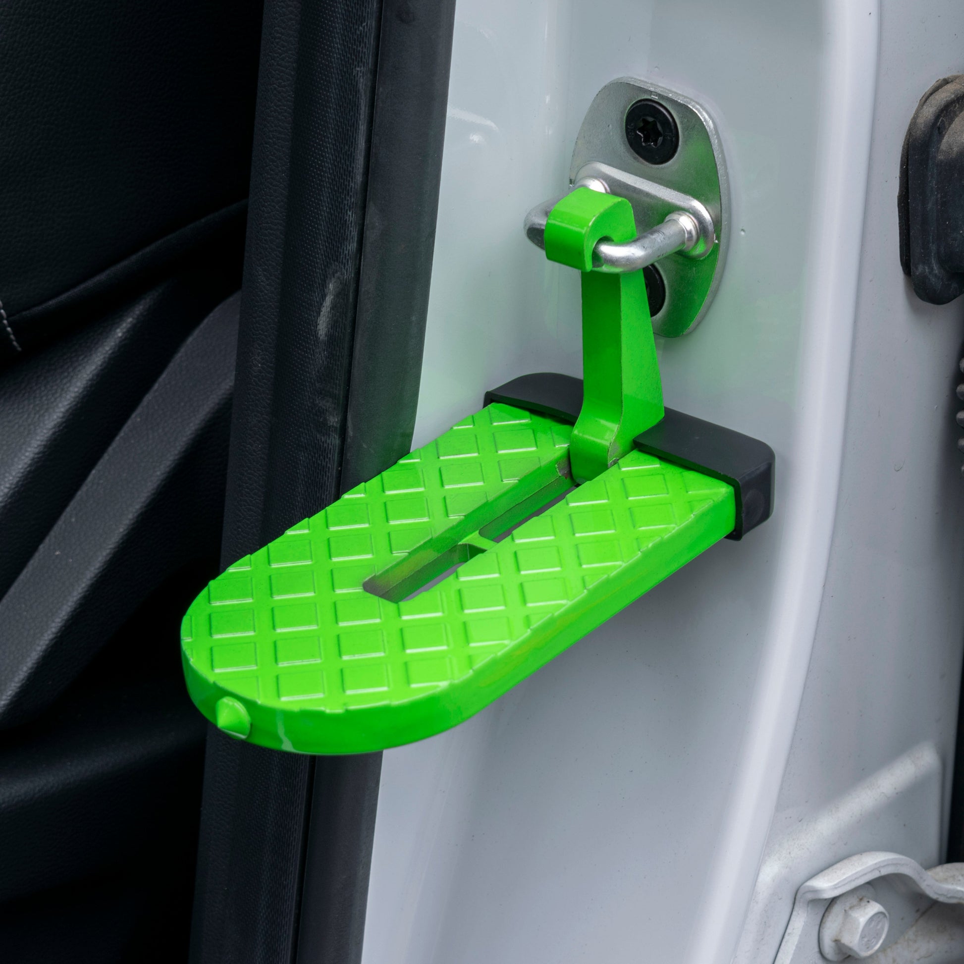 Green car door step Type A with handle, textured foot, and black mounting base