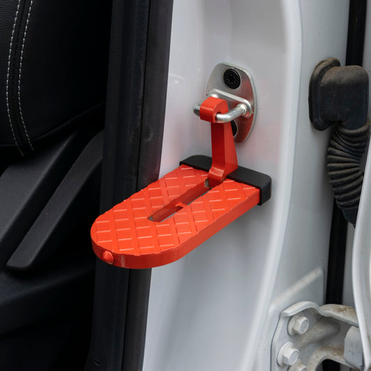 Orange car door step Type A with red grip platform and black mounting base