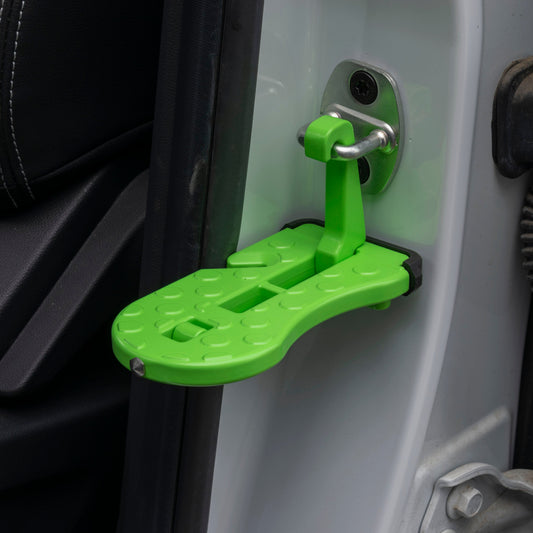 Green car door step Type B with folding grip and metal pin attachment
