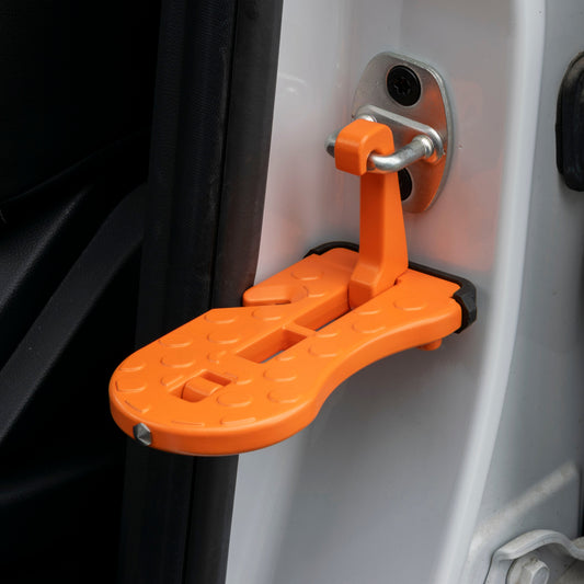 Orange Type B car door step with metal latch and textured anti-slip platform