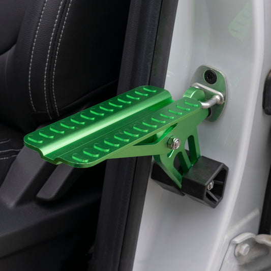 Green car door step type D with ridged footplate and metal mounting bracket