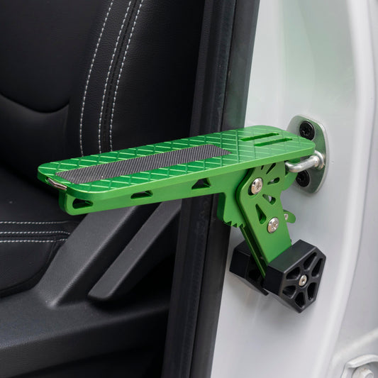 Green car door step type E with textured grip pad and mounting bracket