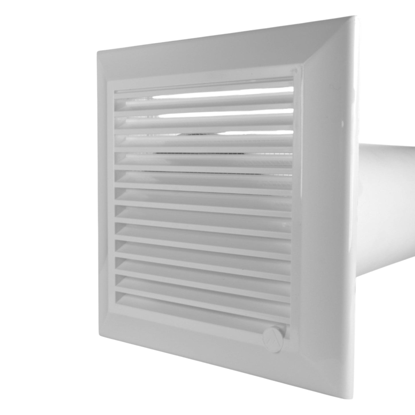Louvered ventilation grille in square white frame with attached white duct