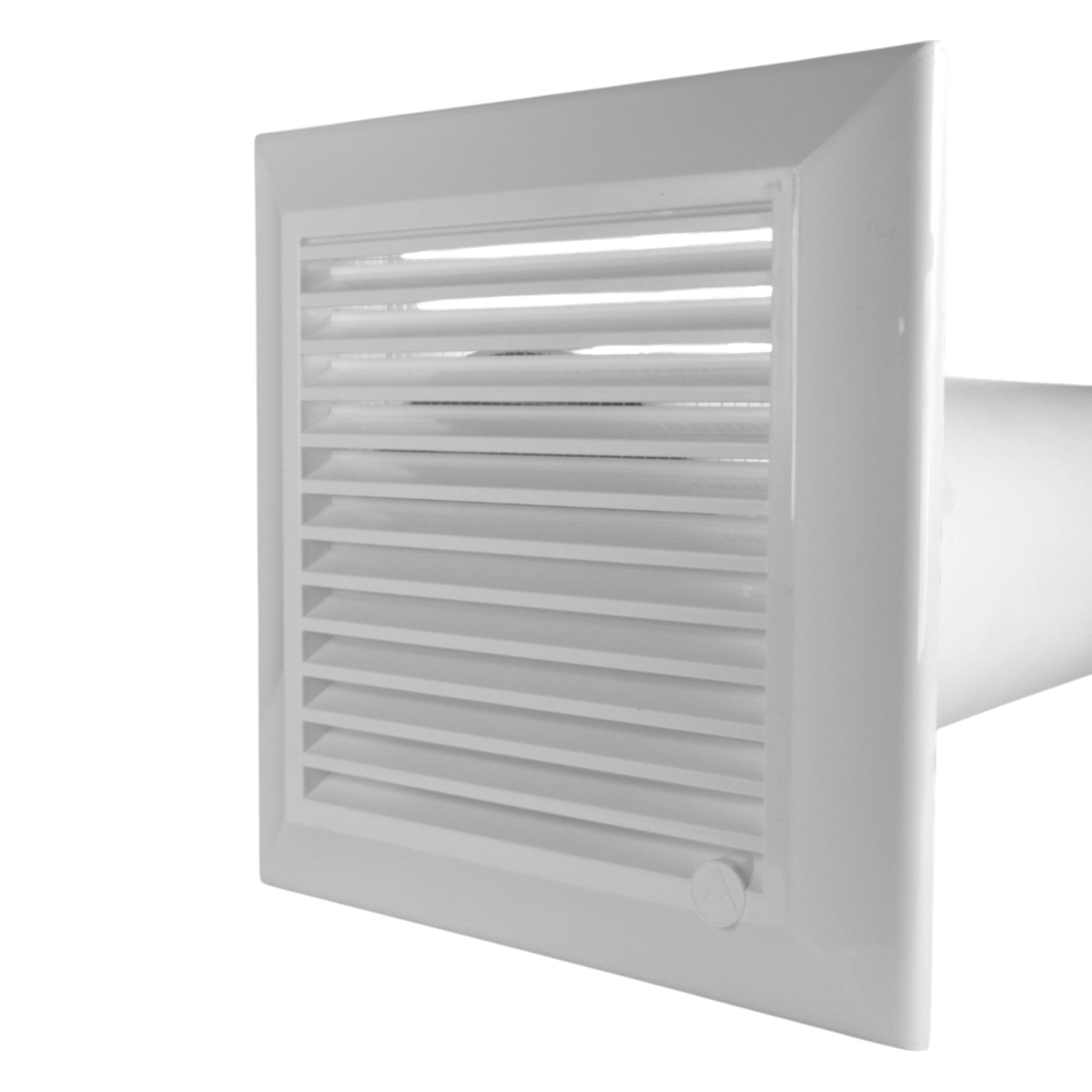 Louvered ventilation grille in square white frame with attached white duct