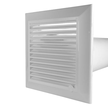 Louvered ventilation grille in square white frame with attached white duct