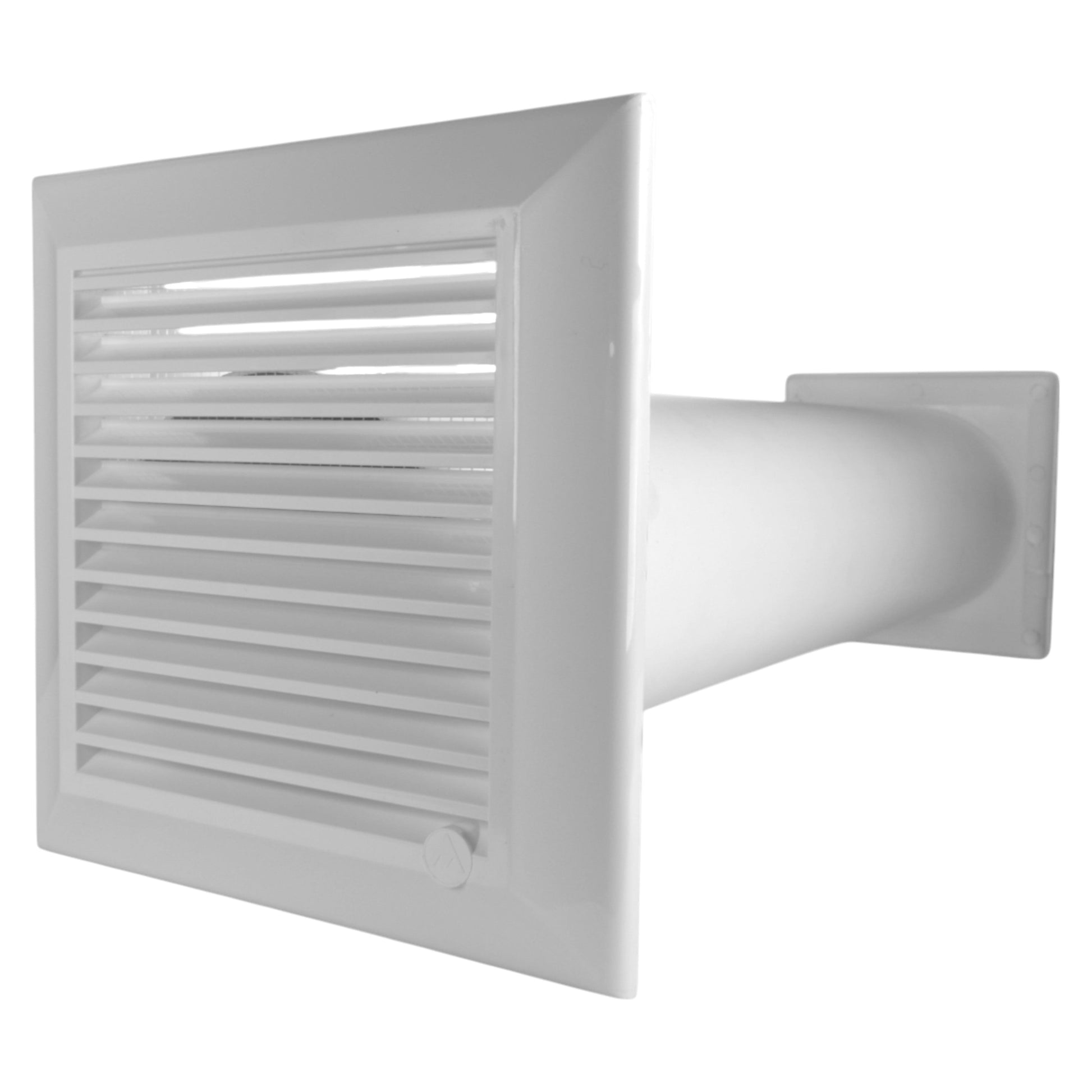 Outdoor vent grille with white duct and louvered face in a square frame