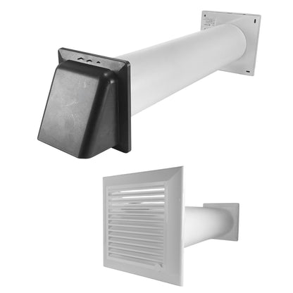 External wall ventilation kit: graphite hood, white duct, and square mounting plate