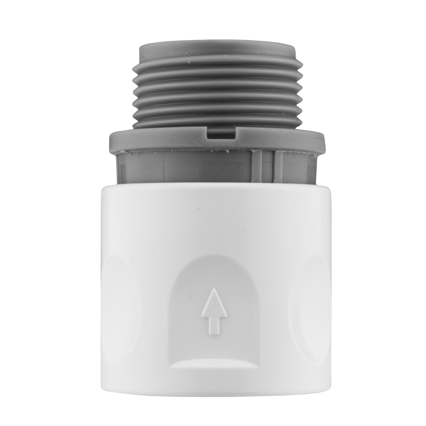 Three-way hose connector adapter with arrow markings, white body and grey threaded section