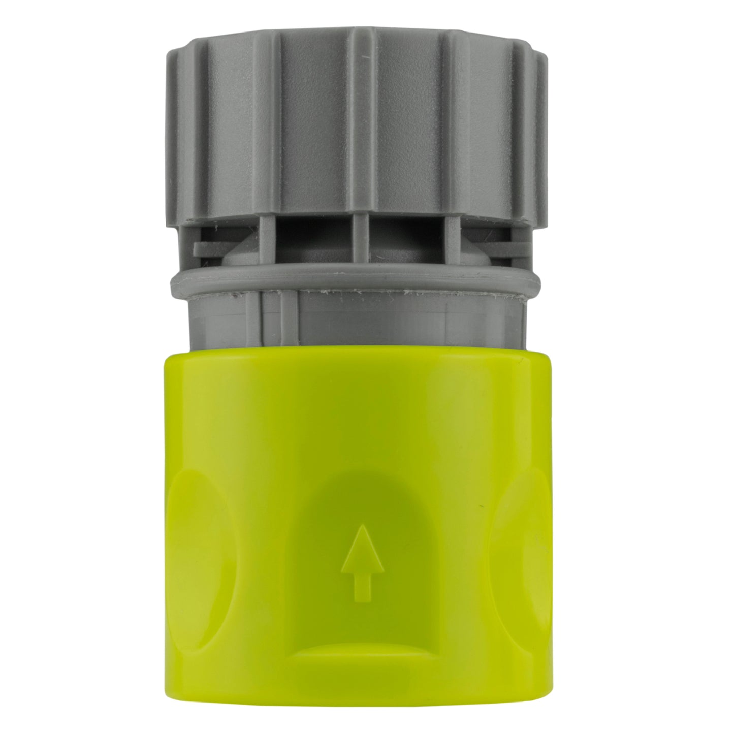 Lime female quick connector with grey ribbed collar and up-arrow indicator