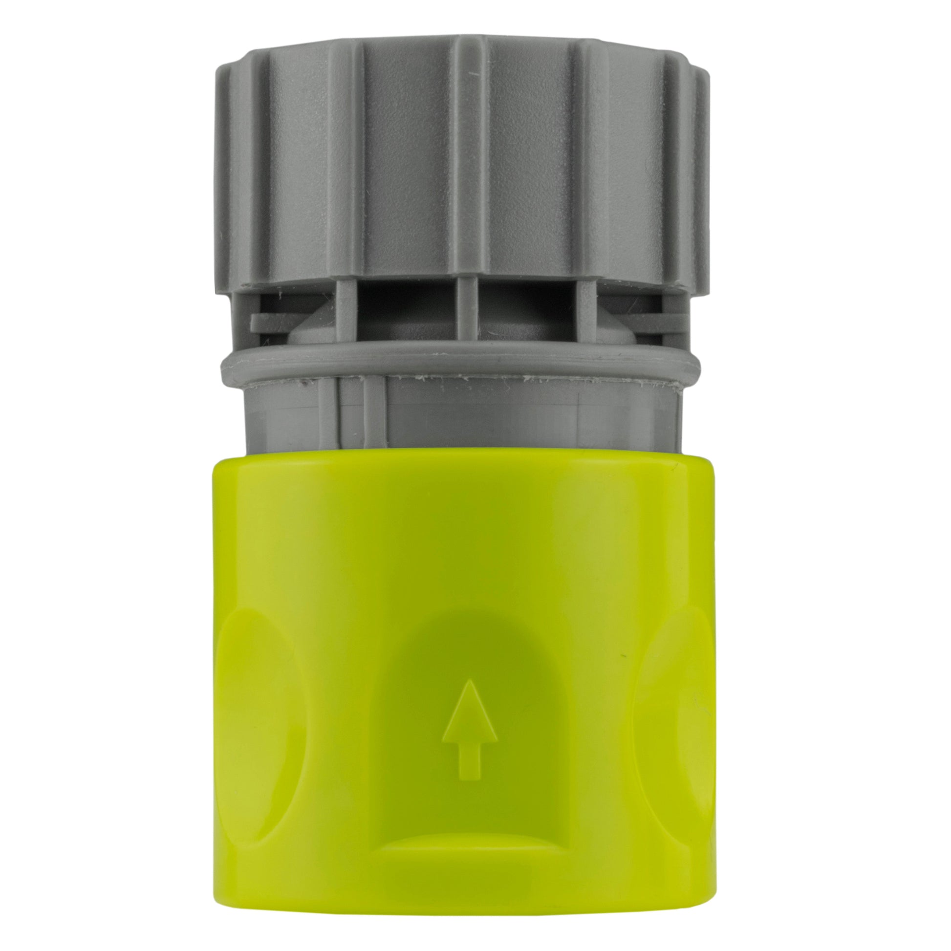 Lime female quick connector with grey ribbed collar and up-arrow indicator