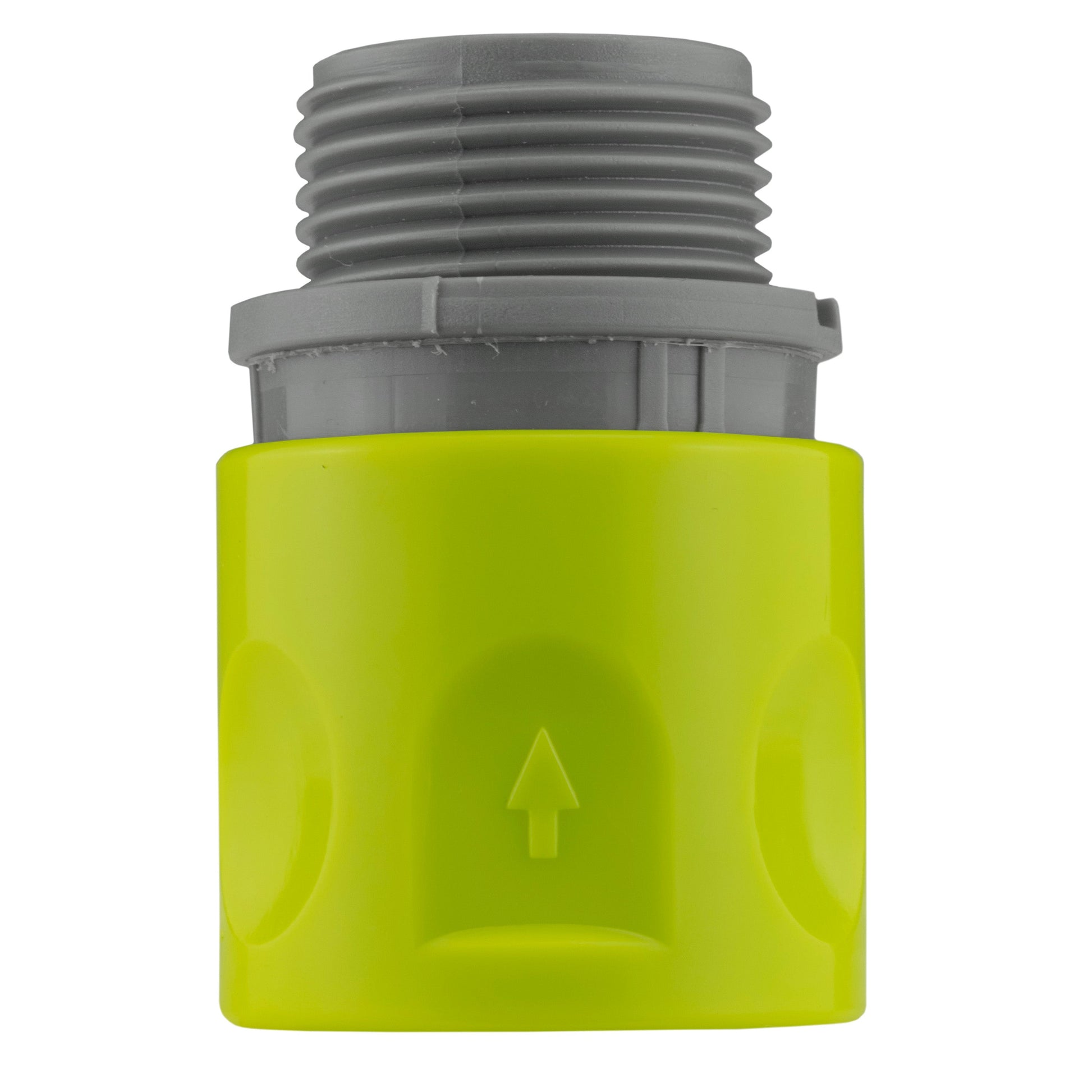Lime male quick connector with grey threaded section and up-arrow marking