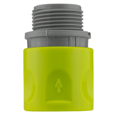 Lime male quick connector with grey threaded section and up-arrow marking