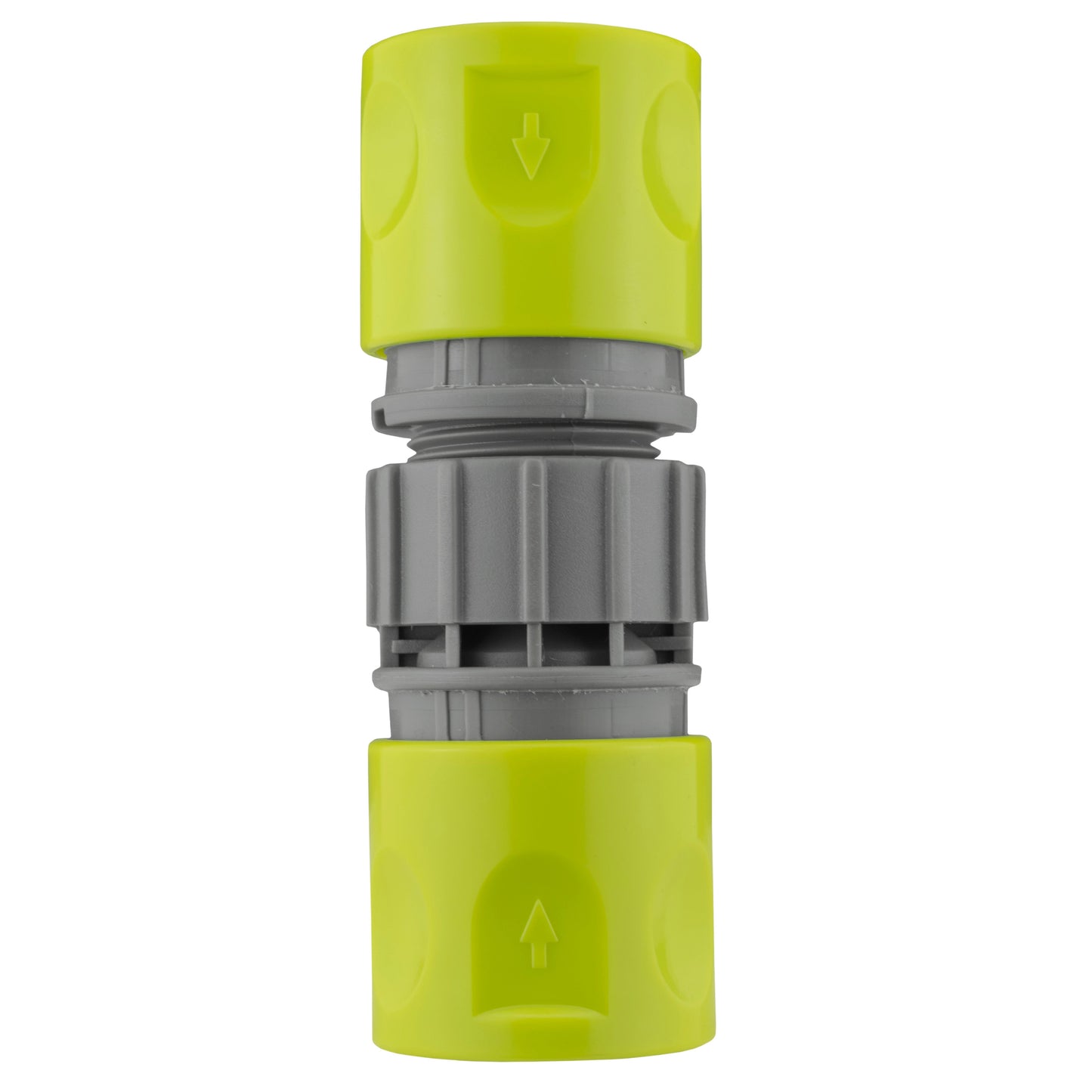 Lime quick connector showing down-arrow port above grey threaded coupling