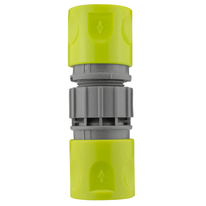 Lime quick connector showing down-arrow port above grey threaded coupling