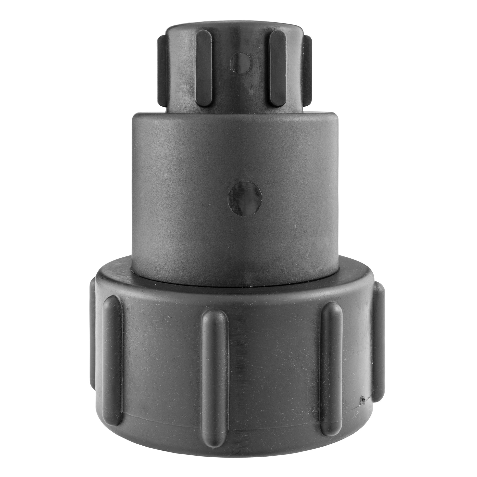 IBC extender adaptor with 3/4" BSPF thread area and secure grip ridges, dark plastic