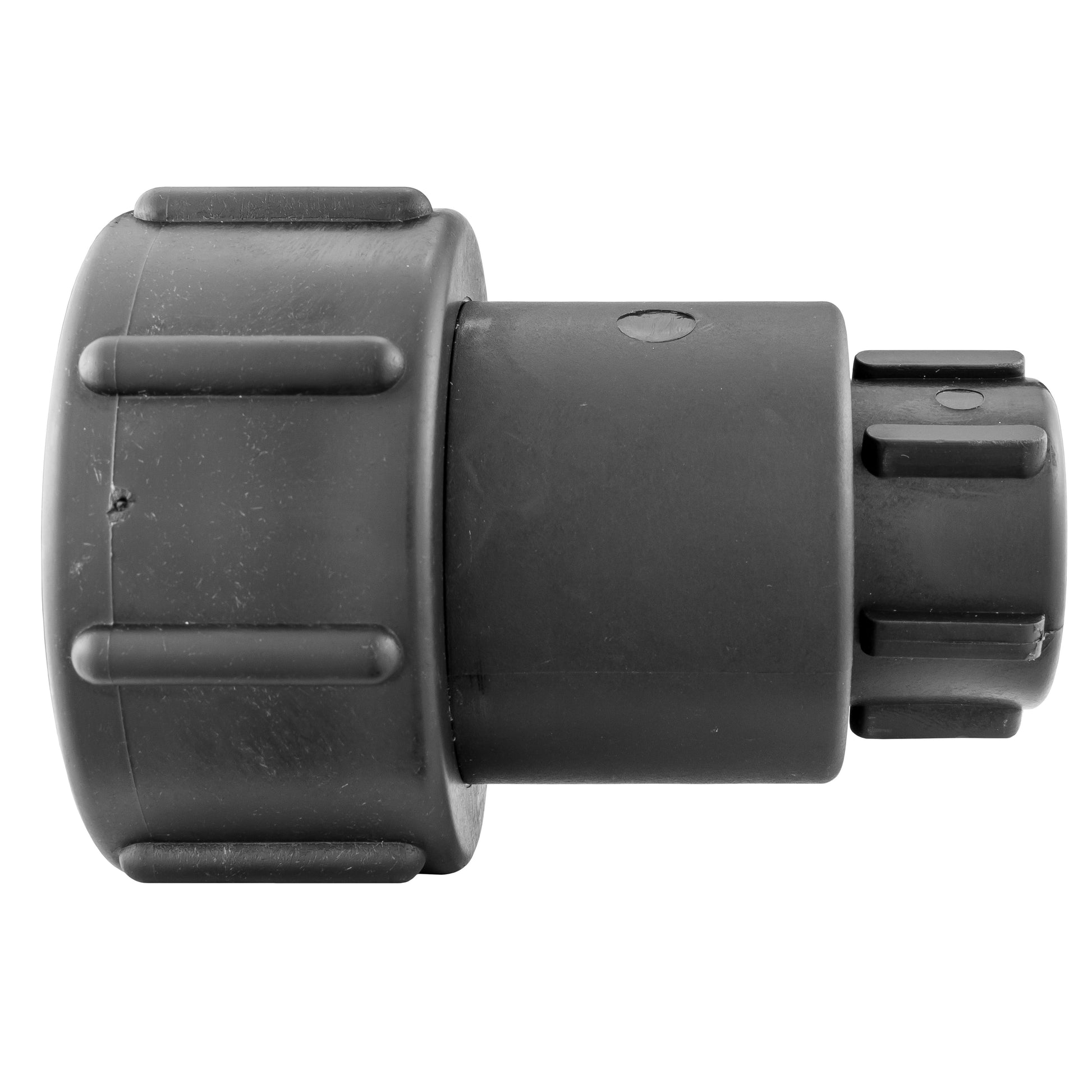 Side view of IBC extender adaptor with black coupler and outlet elbow, includes grip tabs