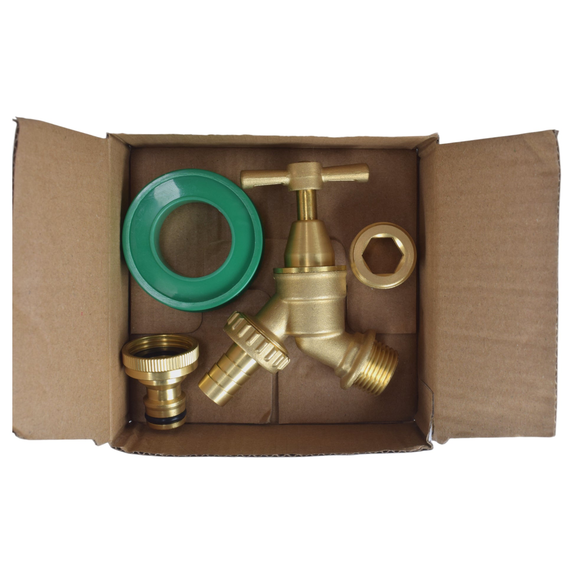 Brass bib tap kit components in box: quick-connect ring and threaded fittings