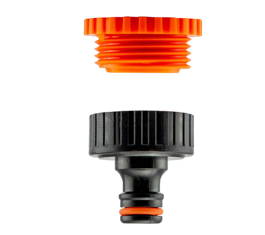 Black female tap connector with 1" to 3/4" BSPF thread and orange locking ring