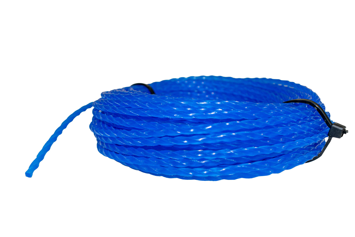 Blue strimmer line coil with black tie, textured twisted strands