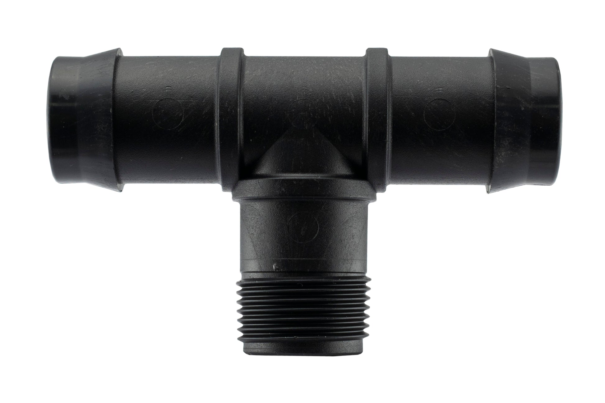 19mm barbed tee with male threads on a black plastic IBC fitting