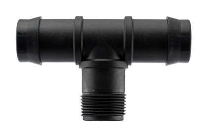 19mm barbed tee with male threads on a black plastic IBC fitting