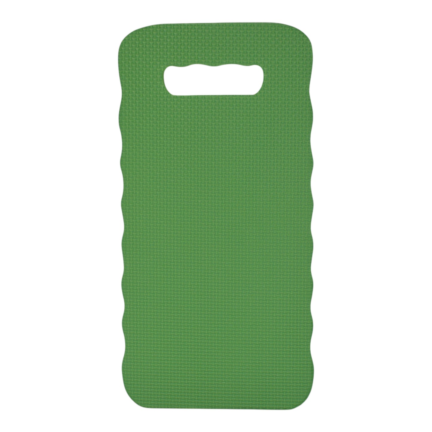 Green kneeler mat with top handle slot and wavy edge design