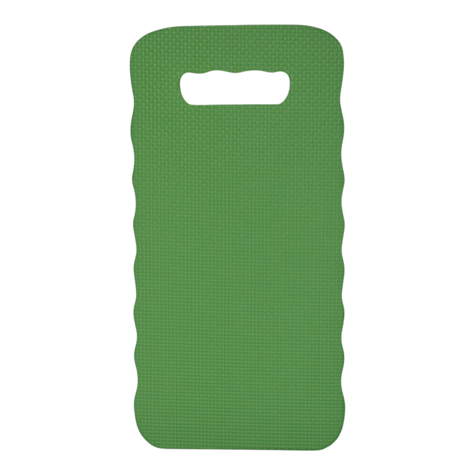 Green kneeler mat with top handle slot and wavy edge design