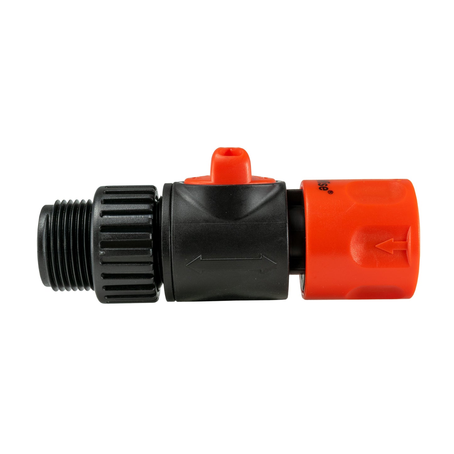 Orange quick connector with directional arrow and black valve body section