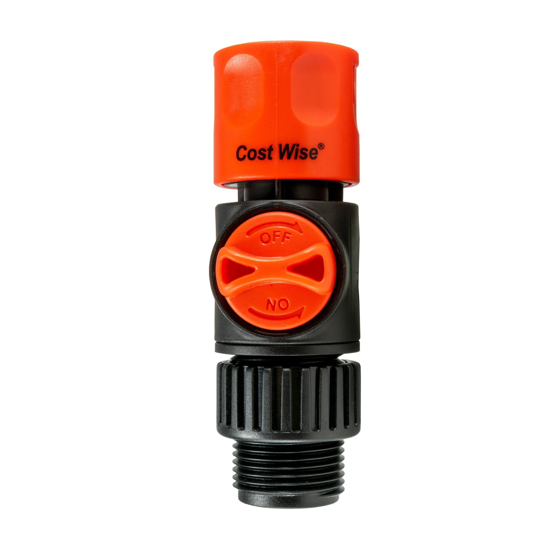 Cost Wise 3/4" BSPM connector with manual valve and OFF/NO markings, orange/black