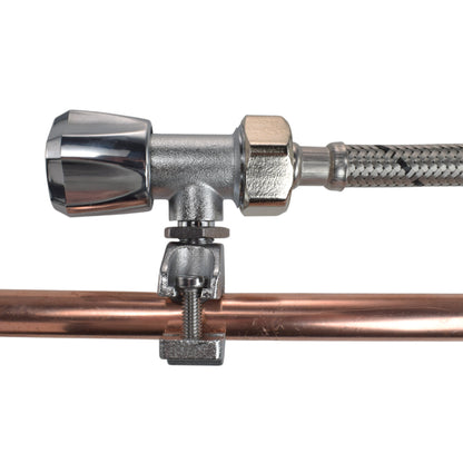 Angle connection with chrome nut and braided hose coupler on copper pipe
