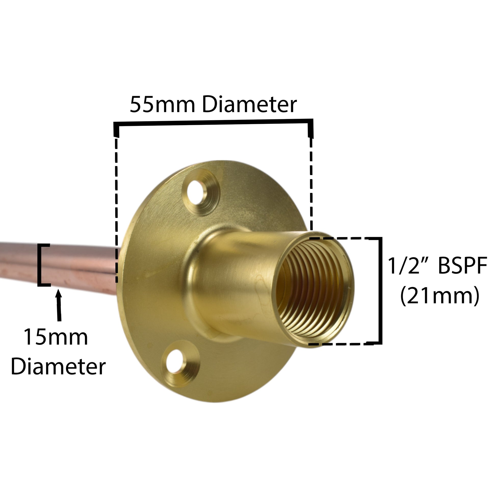55mm flange diameter with 1/2" BSPF (21mm) inlet; 15mm pipe diameter connector